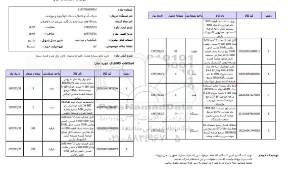 استعلام, خرید تابلو ستاره مثلث، کلید اتوماتیک، کابل، پاور متر و فشار سنج