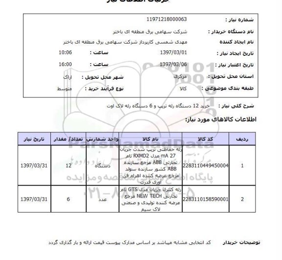 استعلام,خرید 12 دستگاه رله تریپ و 6 دستگاه رله لاک اوت