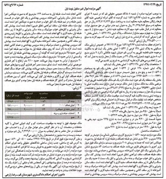 مزایده,مزایده پلاک ثبتی 10542/138 اصلی بخش یک قم نوبت اول