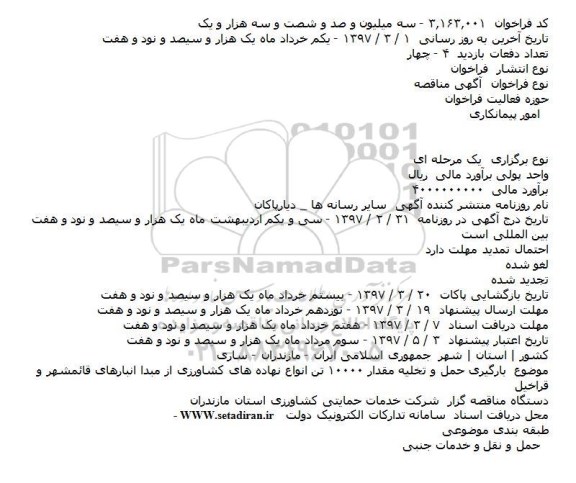 فراخوان مناقصه، فراخوان مناقصه بارگیری حمل و تخلیه مقدار 10000 تن 