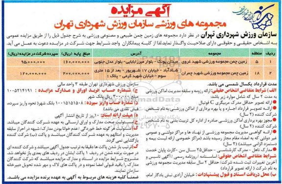 آگهی مزایده, مزایده واگذاری مجموعه های زمین چمن طبیعی و مصنوعی ورزشی 