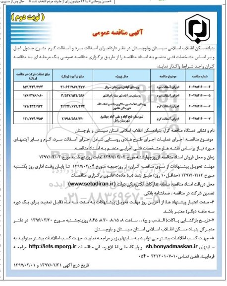 آگهی مناقصه عمومی , مناقصه اجرای آسفالت سرد و آسفالت گرم - نوبت  دوم 