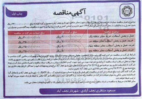 مناقصه, مناقصه حمل و نقل پخش آسفالت، خرید معابر منطقه یک