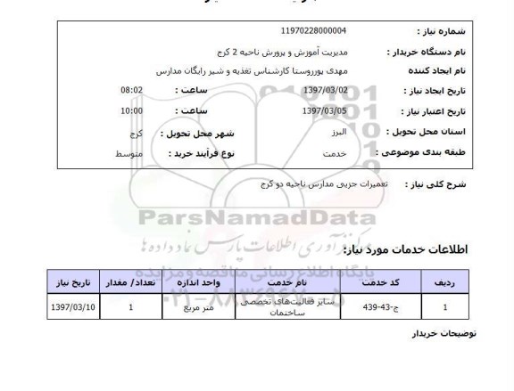 استعلام, استعلام تعمیرات جزیی مدارس