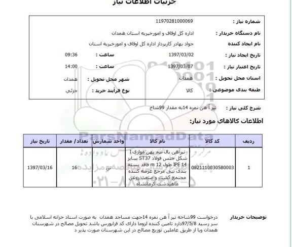 استعلام, تیرآهن نمره 14 به مقدار 99 شاخ 