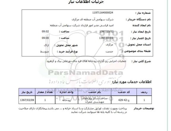 استعلام , استعلام عملیات اجرایی رپر گذاری رودخانه های 