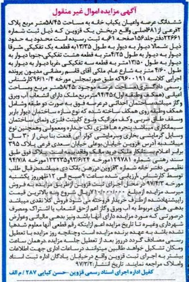 مزایده,مزایده ششدانگ یکباب خانه مساحت 58.45متر