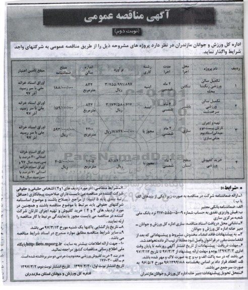 آگهی مناقصه عمومی , مناقصه تکمیل سالن ورزشی  ... نوبت دوم