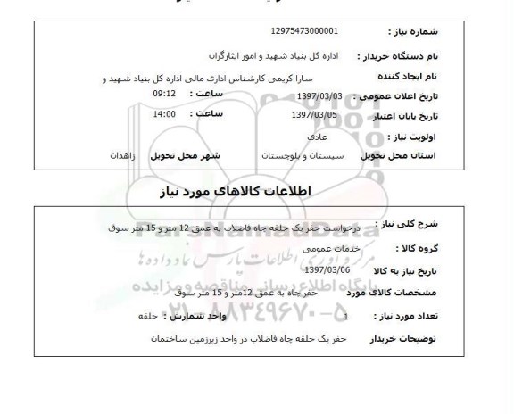 استعلام حفر یک حلقه چاه فاضلاب