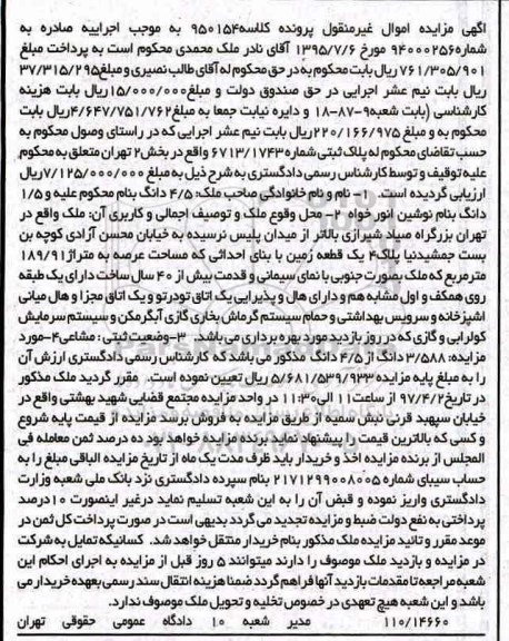 مزایده,مزایده یک قطعه زمین مساحت عرصه 189.91متر