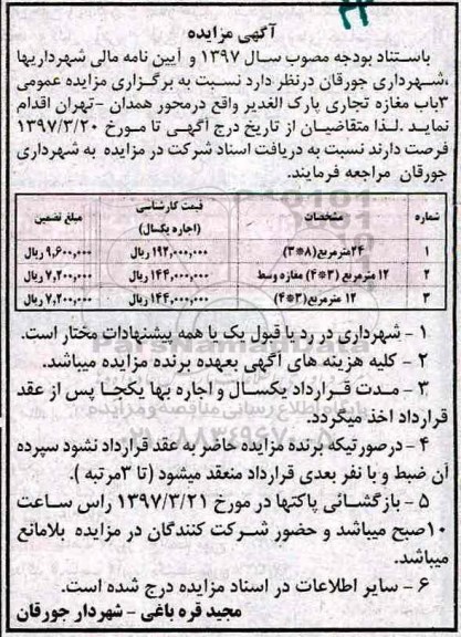 آگهی مزایده عمومی, مزایده عمومی 3 باب مغازه تجاری
