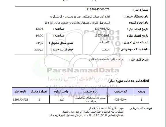 استعلام, مرمت کاخ آغا محمدخان قاجار 
