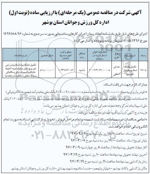 آگهی شرکت در مناقصه عمومی یک مرحله ای با ارزیابی ساده,مناقصه  تکمیل جایگاه استادیوم فوتبال
