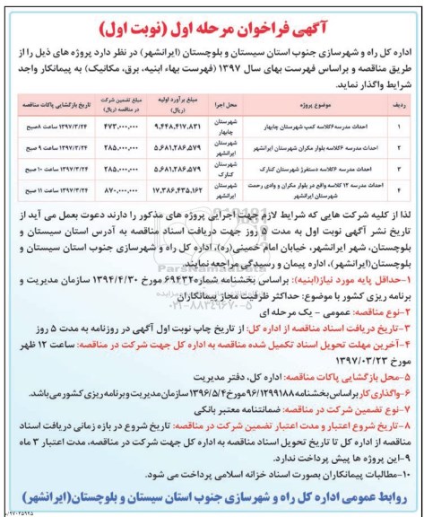 آگهی فراخوان, فراخوان احداث مدرسه 6 کلاسه...