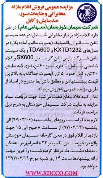مزایده عمومی, مزایده  فروش اقلام مازاد مخابراتی و ضایعات نسوز، ضد سایش و کابل 