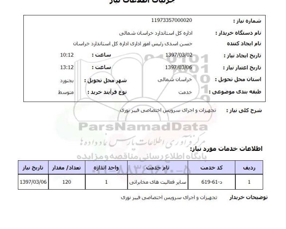 استعلام, استعلام تجهیزات و اجرای سرویس اختصاصی فیبر نوری