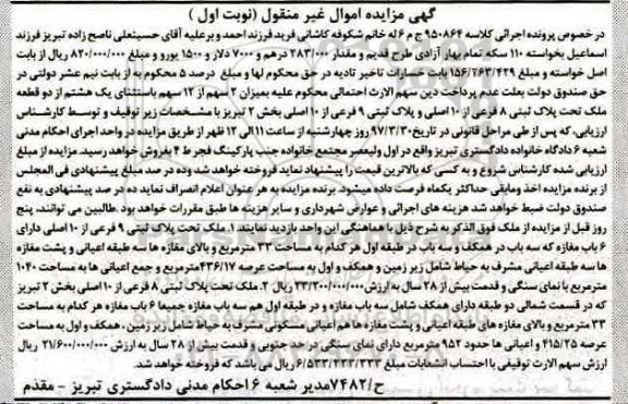 مزایده,مزایده ملک پلاک ثبتی هشت فرعی نوبت اول