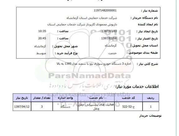 استعلام,استعلام اجاره 3 دستگاه خودرو سواری