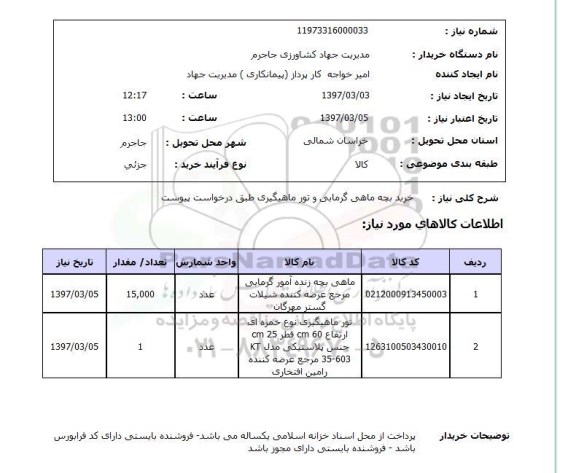 استعلام, خرید بچه ماهی گرمابی و تور ماهیگیری