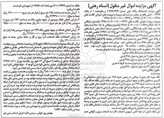 مزایده,مزایده ششدانگ پلاک ثبتی در زمینی حدود 198متر