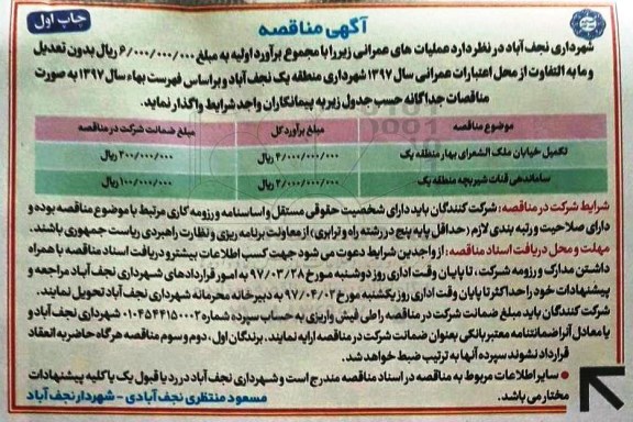 مناقصه ، مناقصه تکمیل خیابان ملک الشعرای بهار 