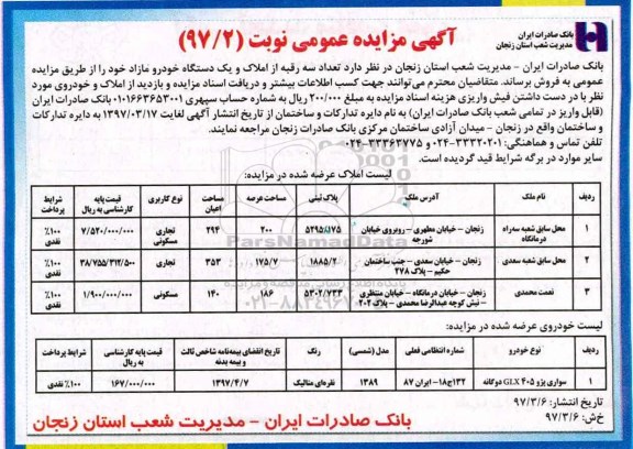 مزایده عمومی, مزایده تعداد سه رقبه از املاک و یک دستگاه خودرو مازاد