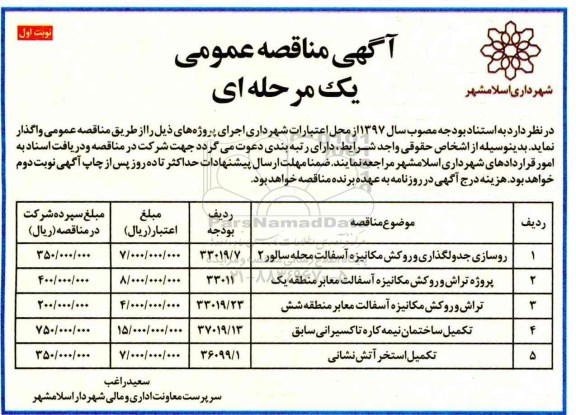 مناقصه , مناقصه روسازی جدولگذاری و روکش مکانیزه آسفالت و ...