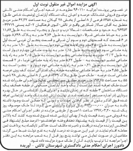 مزایده,مزایده ششدانگ آپارتمان مساحت 62.32متر