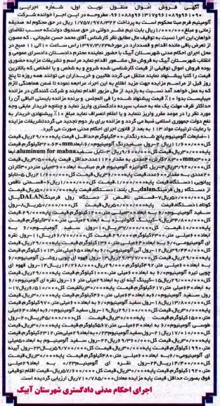 مزایده,مزایده ضایعات آلومینیوم پانچ شده ، ریل گالوانیزه آلومینیوم