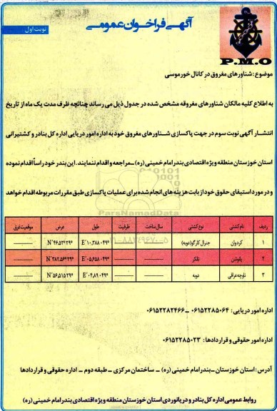 آگهی فراخوان عمومی،آگهی فراخوان عمومی شناورهای مغروق در کانال