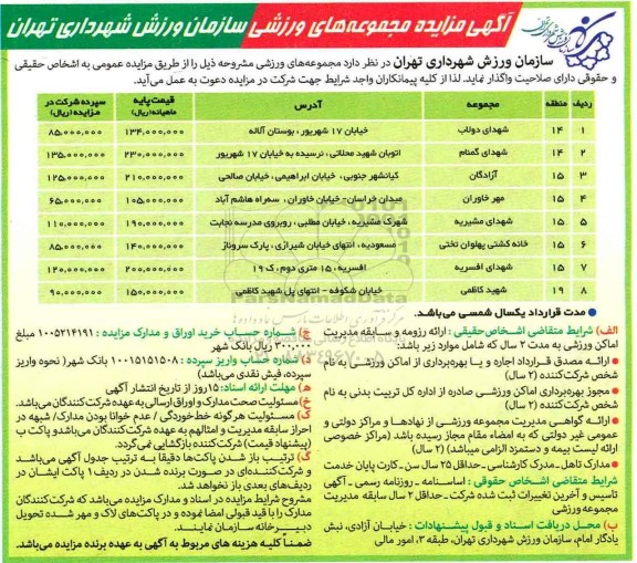 مزایده , مزایده مجموعه های ورزشی