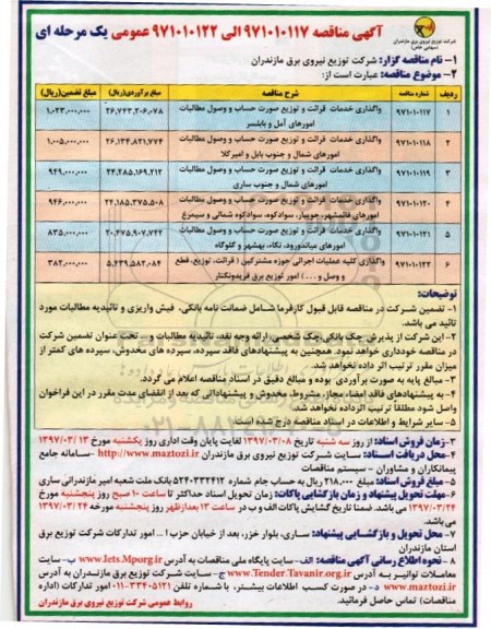 مناقصه عمومی، مناقصه عمومی  واگذاری خدمات قرائت و توزیع صورت حساب و ...