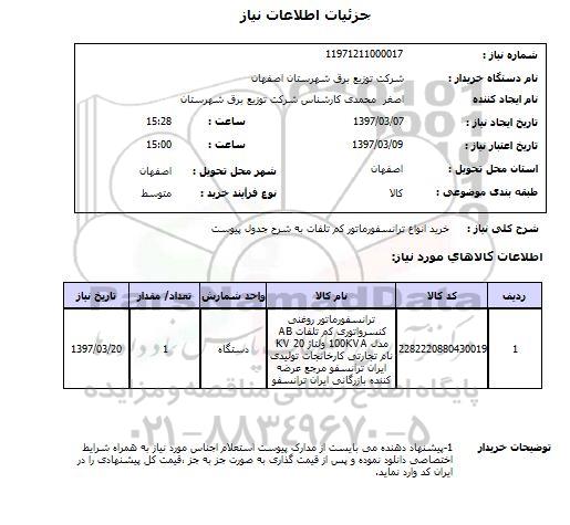 استعلام,استعلام خرید انواع ترانسفورماتور کم تلفات