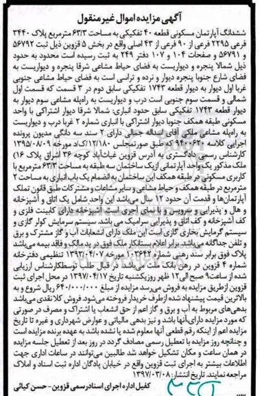 مزایده,مزایده ششدانگ آپارتمان قطعه 40 تفکیکی 63.3متر