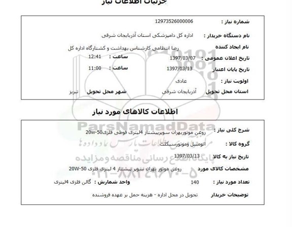 استعلام, روغن موتور بهران 
