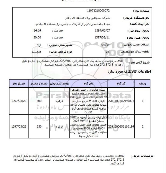 استعلام,استعلام کابل مخابراتی