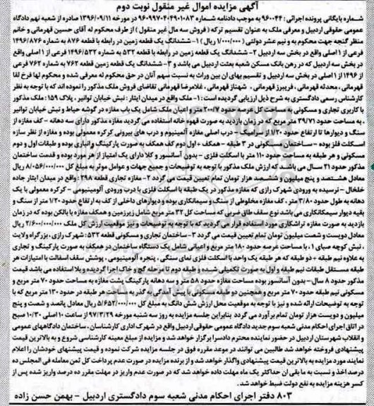 مزایده,مزایده ملک کاربری تجاری و مسکونی عرصه 200.7متر نوبت دوم