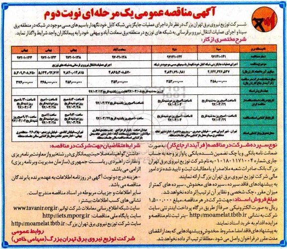آگهی مناقصه عمومی , مناقصه اجرای عملیات جایگزینی شبکه کابل خودنگهدار - نوبت  دوم 