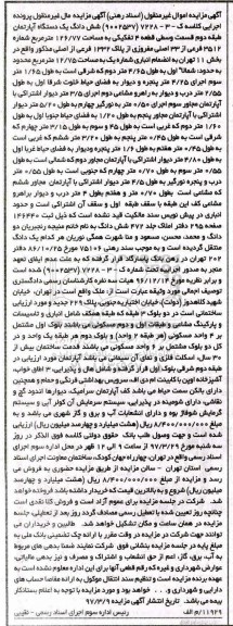 مزایده,مزایده ششدانگ آپارتمان قطعه 4  تفکیکی 126.77متر 
