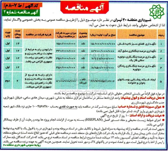 مناقصه, مناقصه نگهداری فضای سبز ناحیه شش، نگهداری عرصه جنگلکاری ...