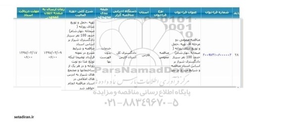 مناقصه , مناقصه تهیه حمل و توزیع غذای روزانه