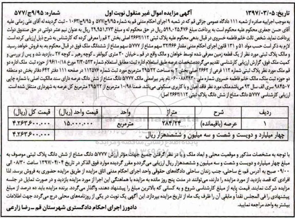 مزایده,مزایده ملک مساحت 295.22متر نوبت اول