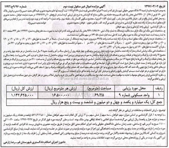 مزایده,مزایده ملک مساحت 69.25متر نوبت دوم