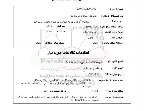 استعلام, خرید 15000 متر فیبر نوری ایندور