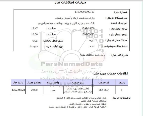 استعلام, استعلام خرید و تهیه غذا ...