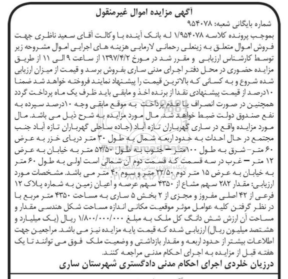 مزایده,مزایده مقدار 282 سهم مشاع از 4350 سهم زمین 
