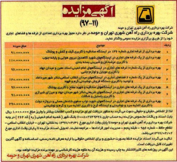آگهی مزایده, مزایده بهره برداری از غرفه تجاری شماره 136 ....