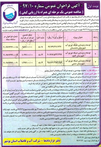 فراخوان عمومی, شرکت آب و فاضلاب استان بوشهر 