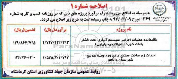 اصلاحیه فراخوان مناقصه عمومی, اصلاحیه فراخوان مناقصه باقیمانده عملیات اجرایی سیستم آبیاری .....