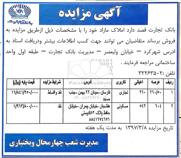 مزایده,مزایده فروش املاک مساحت عرصه 260.50 و 604متر